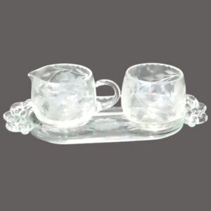 Vintage Clear Glass Creamer, Sugar and Tray Service All Etched‎ with Cornflowers